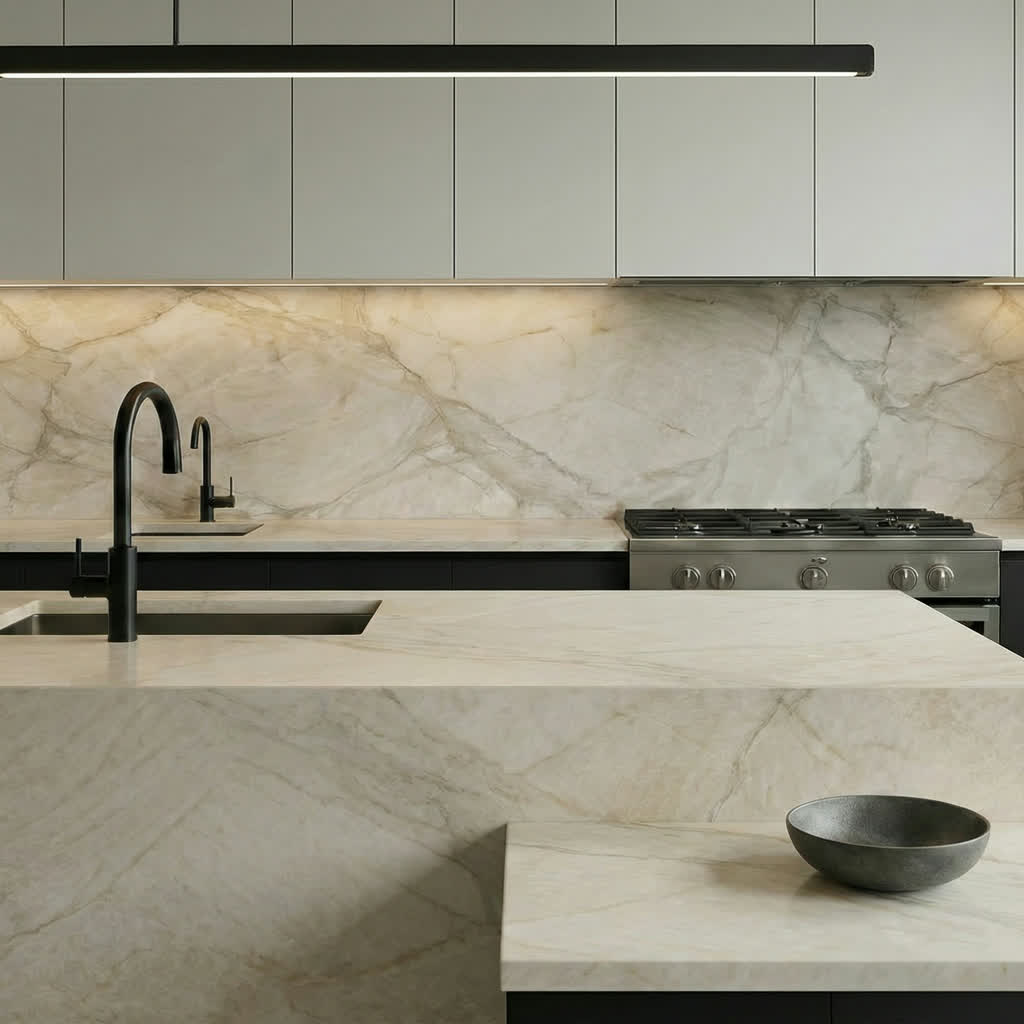 Taj Mahal quartzite kitchen countertops with large island in Minneapolis, MN